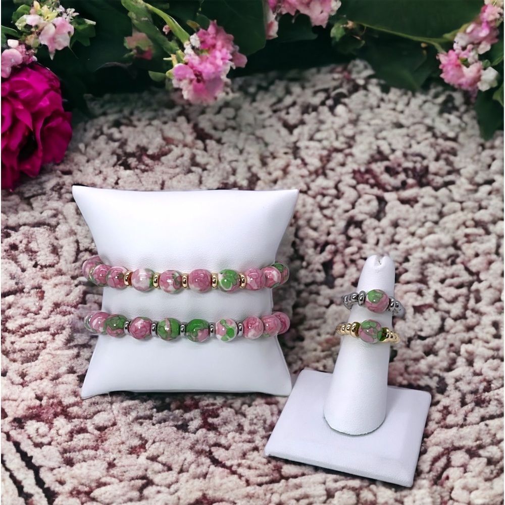 NWT Wool + Pepper Co. Rain Flower Beaded Bracelet and Ring with gold or silver